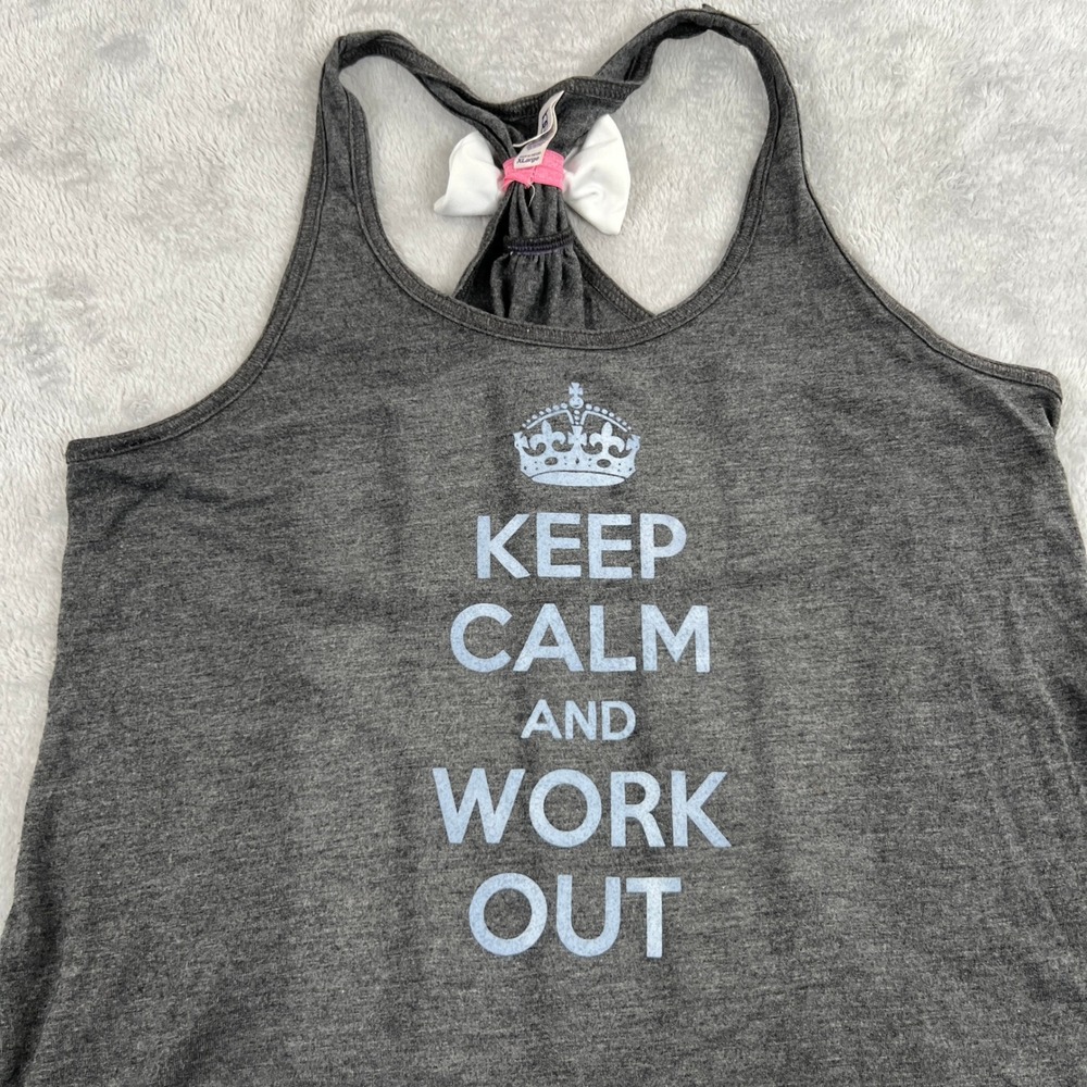 Bella Keep Calm and Work Out Tank Top XL Gray Women Racerback Bow Back Graphic - Picture 2 of 8